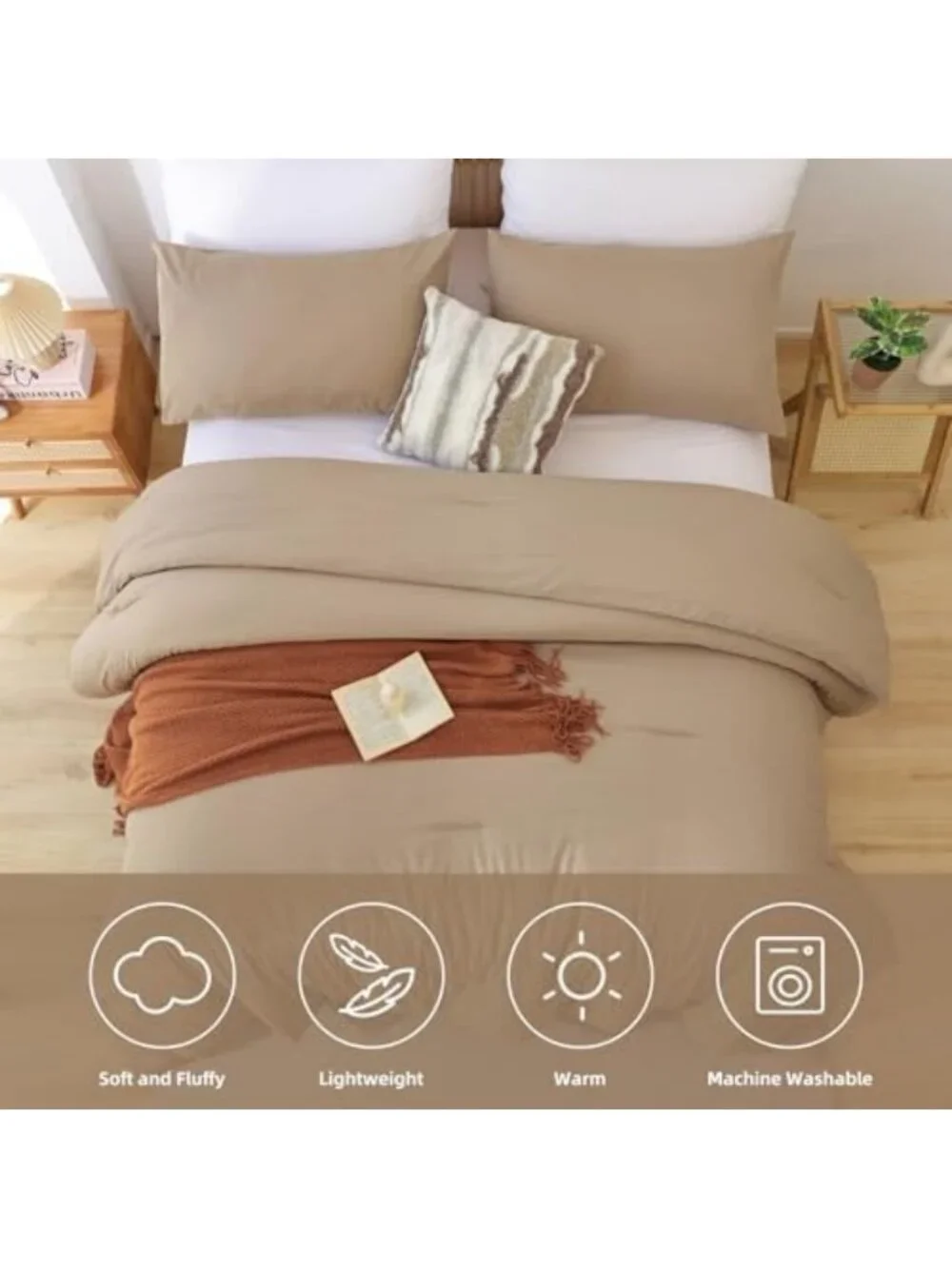King Size Taupe Brown Comforter Set - 3pc Boho Tan Bedding, Lightweight